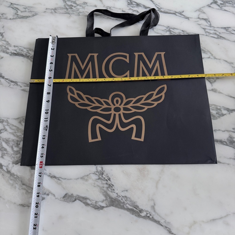 MCM Large Black Paper Shopping Bag Gold Logo Ribbon Handles 20.5x16x8" - Picture 3 of 5